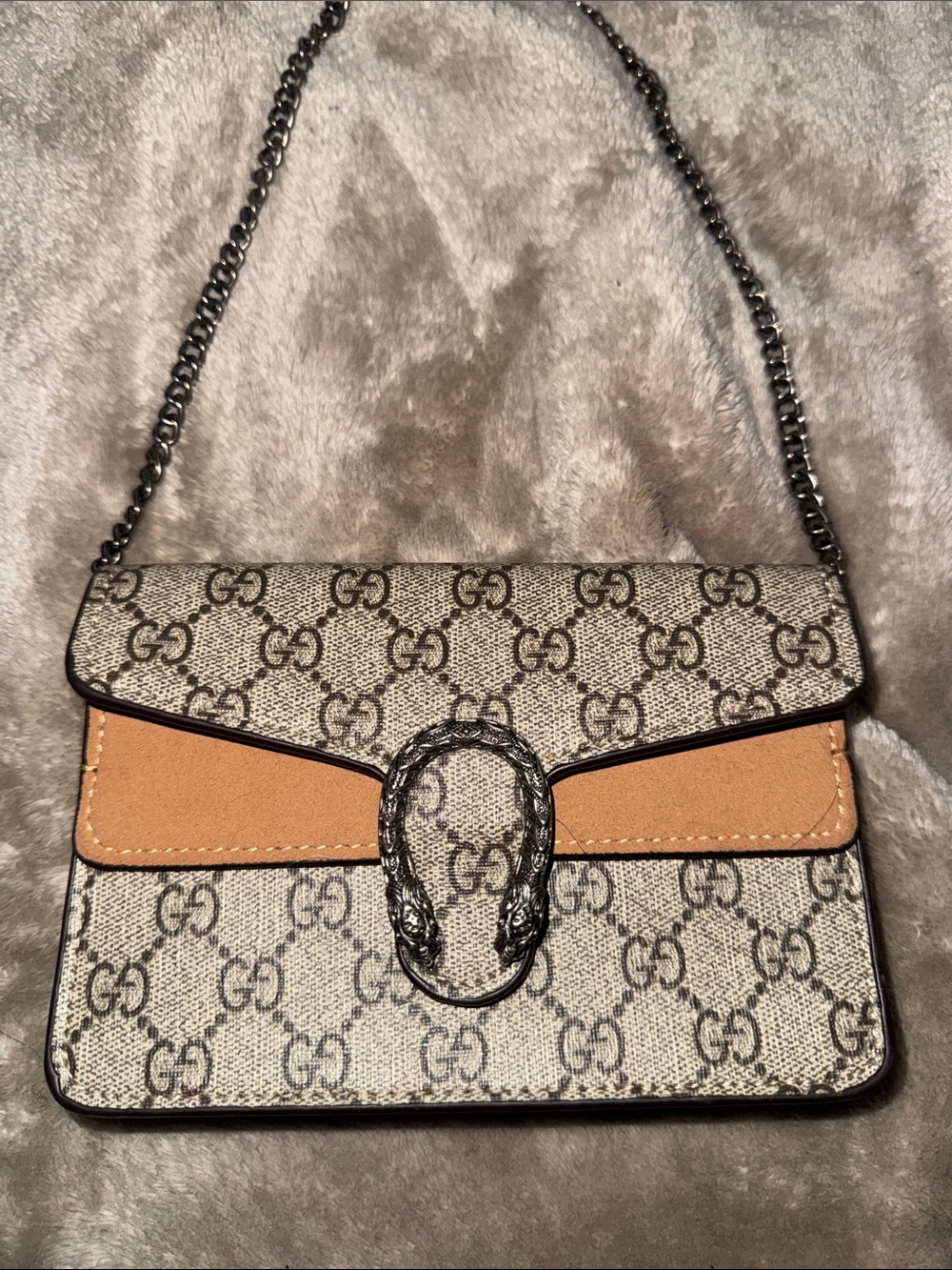 Gucci Beige Monogram Shoulder Bag with Tan Panel and Gunmetal Hardware